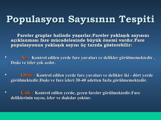 Populasyon Sayısının TespitiPopulasyon Sayısının Tespiti
Fareler gruplar halinde yaşarlar.Fareler yaklaşık sayısınıFareler gruplar halinde yaşarlar.Fareler yaklaşık sayısını
açıklanması fare mücadelesinde büyük önemi vardır.Fareaçıklanması fare mücadelesinde büyük önemi vardır.Fare
populasyonun yaklaşık sayısı üç tarzda gösterebilir:populasyonun yaklaşık sayısı üç tarzda gösterebilir:
• Az -Az - Kontrol edilen yerde fare yuvaları ve delikler görülmemektedir .Kontrol edilen yerde fare yuvaları ve delikler görülmemektedir .
Dışkı ve izler çok azdır.Dışkı ve izler çok azdır.
• Orta -Orta - Kontrol edilen yerde fare yuvaları ve delikler iki - dört yerdeKontrol edilen yerde fare yuvaları ve delikler iki - dört yerde
görülmektedir.Dışkı ve fare izleri 30-40 adetten fazla görülmemektedir.görülmektedir.Dışkı ve fare izleri 30-40 adetten fazla görülmemektedir.
• Çok -Çok - Kontrol edilen yerde, gezen fareler görülmektedir.FareKontrol edilen yerde, gezen fareler görülmektedir.Fare
deliklerinin sayısı, izler ve dışkılar çoktur.deliklerinin sayısı, izler ve dışkılar çoktur.
 