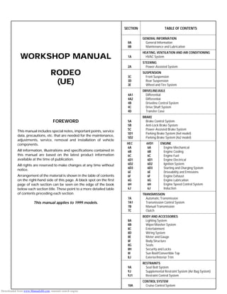 WORKSHOP MANUAL
RODEO
(UE)
FOREWORD
This manual includes special notes, important points, service
data, precautions, etc. that are needed for the maintenance,
adjustments, service, removal and installation of vehicle
components.
All information, illustrations and specifications contained in
this manual are based on the latest product information
available at the time of publication.
All rights are reserved to make changes at any time without
notice.
Arrangement of the material is shown in the table of contents
on the right-hand side of this page. A black spot on the first
page of each section can be seen on the edge of the book
below each section title. These point to a more detailed table
of contents preceding each section.
This manual applies to 1999 models.
SECTION TABLE OF CONTENTS
GENERAL INFORMATION
0A General Information
0B Maintenance and Lubrication
HEATING, VENTILATION AND AIR CONDITIONING
1A HVAC System
STEERING
2A Power-Assisted System
SUSPENSION
3C Front Suspension
3D Rear Suspension
3E Wheel and Tire System
DRIVELINE/AXLE
4A1 Differential
4A2 Differential
4B Driveline Control System
4C Drive Shaft System
4D Transfer Case
BRAKE
5A Brake Control System
5B Anti-Lock Brake System
5C Power-Assisted Brake System
5D1 Parking Brake System (4x4 model)
5D2 Parking Brake System (4x2 model)
HEC ENGINE
6A Engine Mechanical
6B Engine Cooling
6C Engine Fuel
6D1 Engine Electrical
6D2 Ignition System
6D3 Starting and Charging System
6E Driveability and Emissions
6F Engine Exhaust
6G Engine Lubrication
6H Engine Speed Control System
6J Induction
TRANSMISSION
7A Automatic Transmission
7A1 Transmission Control System
7B Manual Transmission
7C Clutch
BODY AND ACCESSORIES
8A Lighting System
8B Wiper/Washer System
8C Entertainment
8D Wiring System
8E Meter and Gauge
8F Body Structure
8G Seats
8H Security and Locks
8I Sun Roof/Convertible Top
8J Exterior/Interior Trim
RESTRAINTS
9A Seat Belt System
9J Supplemental Restraint System (Air Bag System)
9J1 Restraint Control System
CONTROL SYSTEM
10A Cruise Control System
6VD1
6A
6B
6C
6D1
6D2
6D3
6E
6F
6G
6H
6J
Downloaded from www.Manualslib.com manuals search engine
 