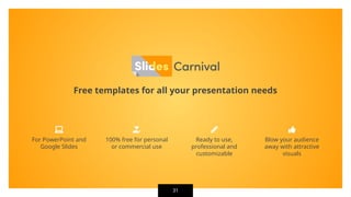 Free templates for all your presentation needs
Ready to use,
professional and
customizable
100% free for personal
or commercial use
Blow your audience
away with attractive
visuals
For PowerPoint and
Google Slides
31
 