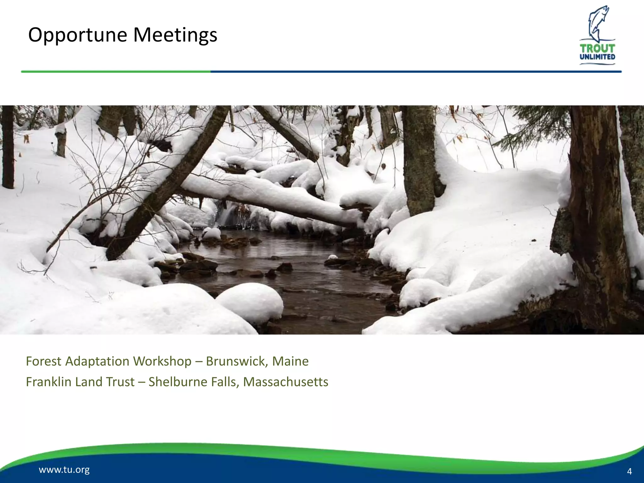 Opportune Meetings
www.tu.org
Forest Adaptation Workshop – Brunswick, Maine
Franklin Land Trust – Shelburne Falls, Massachusetts
4