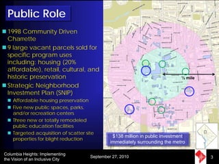 Public Role
 1998 Community Driven
 Charrette
 9 large vacant parcels sold for
 specific program uses
 including: housing (20%
 affordable), retail, cultural, and
 historic preservation                                                         ½ mile
 Strategic Neighborhood
 Investment Plan (SNIP)
    Affordable housing preservation
    Five new public spaces, parks,
    and/or recreation centers
    Three new or totally remodeled
    public education facilities
    Targeted acquisition of scatter site
                                                $138 million in public investment
    properties for blight reduction
                                               immediately surrounding the metro

Columbia Heights: Implementing
                                      September 27, 2010                                3
the Vision of an Inclusive City
 