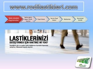 Web sitedeki
uygulamalar;
Şehre göre
uygun lastik
seçme
Fiyat listesi
Servis fiyat
listesi
Reklamlar
Kurumsal
kimlik
 