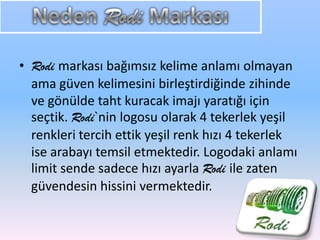 • Rodi markası bağımsız kelime anlamı olmayan
ama güven kelimesini birleştirdiğinde zihinde
ve gönülde taht kuracak imajı yaratığı için
seçtik. Rodi`nin logosu olarak 4 tekerlek yeşil
renkleri tercih ettik yeşil renk hızı 4 tekerlek
ise arabayı temsil etmektedir. Logodaki anlamı
limit sende sadece hızı ayarla Rodi ile zaten
güvendesin hissini vermektedir.
 