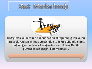 Rodi güven kelimesin ne kadar has bir duygu olduğunu ve bu
hassas duygunun zihinde ve gönülde taht kurduğunda marka
bağımlığının ortaya çıkacağını bundan dolayı Rodi ile
güvendesiniz imajını benimsemiştir.
 