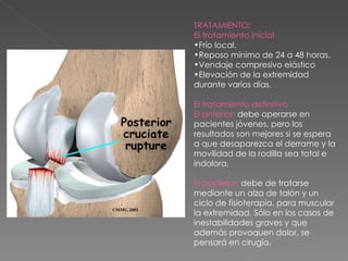 TRATAMIENTO: El tratamiento inicial Frío local.  Reposo mínimo de 24 a 48 horas.  Vendaje compresivo elástico Elevación de la extremidad durante varios días. El tratamiento definitivo El anterior:  debe operarse en pacientes jóvenes, pero los resultados son mejores si se espera a que desaparezca el derrame y la movilidad de la rodilla sea total e indolora.  El posterior:  debe de tratarse mediante un alza de talón y un ciclo de fisioterapia, para muscular la extremidad. Sólo en los casos de inestabilidades graves y que además provoquen dolor, se pensará en cirugía. 