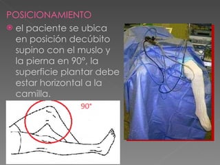 POSICIONAMIENTO el paciente se ubica en posición decúbito supino con el muslo y la pierna en 90°, la superficie plantar debe estar horizontal a la camilla.  