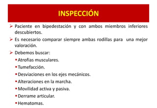 INSPECCIÓN
 Paciente en bipedestación y con ambos miembros inferiores
descubiertos.
 Es necesario comparar siempre ambas rodillas para una mejor
valoración.
 Debemos buscar:
Atrofias musculares.
Tumefacción.
Desviaciones en los ejes mecánicos.
Alteraciones en la marcha.
Movilidad activa y pasiva.
Derrame articular.
Hematomas.
 
