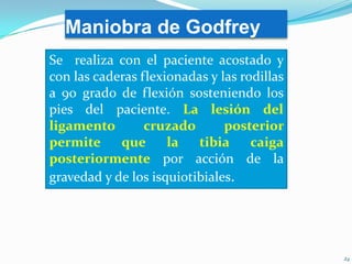 Maniobra de Godfrey
Se realiza con el paciente acostado y
con las caderas flexionadas y las rodillas
a 90 grado de flexión sosteniendo los
pies del paciente. La lesión del
ligamento
cruzado
posterior
permite
que
la
tibia
caiga
posteriormente por acción de la
gravedad y de los isquiotibiales.

 