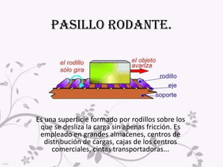 Movimiento de cargas. Aunque tiene la ventaja de facilitar el movimiento de grandes cargas al introducir un elemento que produce rodadura entre la carga y el suelo; tiene el inconveniente de que, a medida que la carga se desplaza, los rodillos se van quedando atrás, por lo que se hace necesario introducirlos de nuevo por el frente