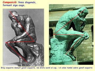 Composició :  línies diagonals, formant ziga-zaga.  Braç esquerre damunt genoll esquerre, mà dreta sosté el cap, i el colze també sobre genoll esquerre 