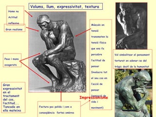Home nu  Actitud reflexiva  Peus i mans exagerats  Gran realisme   Vol simbolitzar el pensament torturat en adonar-se del tràgic destí de la humanitat   Músculs en tensió transmeten la tensió física que ens fa percebre l’actitud de pensar   Involucra  tot   el seu cos en l’acció de pensar  (sensació de vida i  moviment) Factura poc polida i com a conseqüència  fortes ombres Efectes canviants de llum   Volums, llum, expressivitat, textura Gran expressivitat en el tractament del cos, l’actitud... Tancada en ella mateixa Impressionisme 