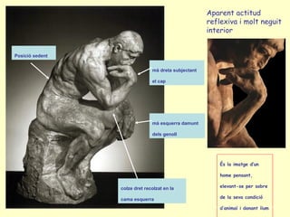Posició sedent mà esquerra damunt dels genoll  colze dret recolzat en la cama esquerra   mà dreta subjectant el cap   És la imatge d’un home pensant, elevant-se per sobre de la seva condició d’animal i donant llum als seus pensaments.   Aparent actitud reflexiva i molt neguit interior 