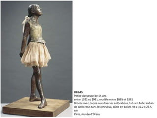 DEGAS
Petite danseuse de 14 ans
entre 1921 et 1931, modèle entre 1865 et 1881
Bronze avec patine aux diverses colorations, tutu en tulle, ruban
de satin rose dans les cheveux, socle en boisH. 98 x 35.2 x 24.5
cm
Paris, musée d'Orsay
 