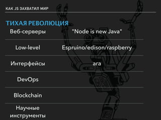 КАК JS ЗАХВАТИЛ МИР
ТИХАЯ РЕВОЛЮЦИЯ
Веб-серверы "Node is new Java"
Low-level Espruino/edison/raspberry
Интерфейсы ага
DevOps
Blockchain
Научные
инструменты
 