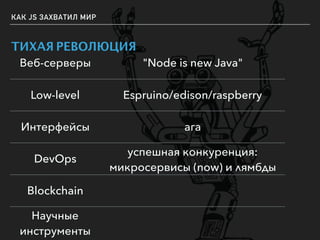 КАК JS ЗАХВАТИЛ МИР
ТИХАЯ РЕВОЛЮЦИЯ
Веб-серверы "Node is new Java"
Low-level Espruino/edison/raspberry
Интерфейсы ага
DevOps
успешная конкуренция:
микросервисы (now) и лямбды
Blockchain
Научные
инструменты
 