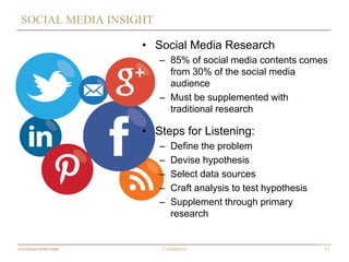 11Confidential
SOCIAL MEDIA INSIGHT
• Social Media Research
– 85% of social media contents comes
from 30% of the social media
audience
– Must be supplemented with
traditional research
• Steps for Listening:
– Define the problem
– Devise hypothesis
– Select data sources
– Craft analysis to test hypothesis
– Supplement through primary
research
 