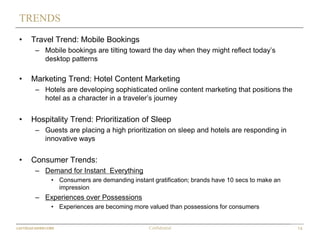 14Confidential
TRENDS
• Travel Trend: Mobile Bookings
– Mobile bookings are tilting toward the day when they might reflect today’s
desktop patterns
• Marketing Trend: Hotel Content Marketing
– Hotels are developing sophisticated online content marketing that positions the
hotel as a character in a traveler’s journey
• Hospitality Trend: Prioritization of Sleep
– Guests are placing a high prioritization on sleep and hotels are responding in
innovative ways
• Consumer Trends:
– Demand for Instant Everything
• Consumers are demanding instant gratification; brands have 10 secs to make an
impression
– Experiences over Possessions
• Experiences are becoming more valued than possessions for consumers
 