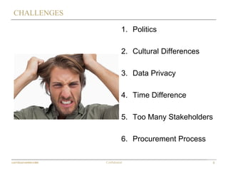8Confidential
CHALLENGES
1. Politics
2. Cultural Differences
3. Data Privacy
4. Time Difference
5. Too Many Stakeholders
6. Procurement Process
 