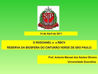 O RODOANEL e  a RBCV RESERVA DA BIOSFERA DO CINTURÃO VERDE DE SÃO PAULO Prof. Antonio Manoel dos Santos Oliveira Universidade Guarulhos  14 de Abril de 2011 