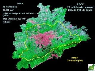 RBCV  78 municípios  17.600 km 2 cobertura vegetal de 6.140 km 2  (35%) área urbana 2. 200 km 2   (12,5%) RMSP  39 municípios RBCV 23 milhões de pessoas 20% do PIB  do Brasil 