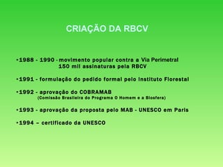 1988 - 1990  -  movimento popular contra a  Via Perimetral   150 mil assinaturas pela RBCV 1991 - formulação do pedido formal pelo Instituto Florestal 1992 - aprovação do COBRAMAB (Comissão Brasileira do Programa O Homem e a Biosfera) 1993 - aprovação da proposta pelo MAB - UNESCO em Paris 1994 – certificado da UNESCO  CRIAÇÃO DA RBCV 