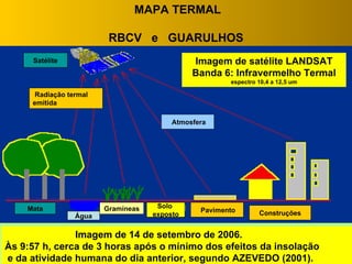 MAPA TERMAL RBCV  e  GUARULHOS Imagem de satélite LANDSAT Banda 6: Infravermelho Termal espectro 10,4 a 12,5 um Mata Água Gramíneas Solo  exposto Pavimento Construções Atmosfera Radiação termal  emitida Satélite Imagem de 14 de setembro de 2006. Às 9:57 h, cerca de 3 horas após o mínimo dos efeitos da insolação e da atividade humana do dia anterior, segundo AZEVEDO (2001).  