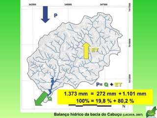 1.373 mm  =  272 mm  +   1.101 mm 100% = 19,8 % + 80,2 % Balanço hídrico da bacia do Cabuçu  (LACAVA, 2007) 