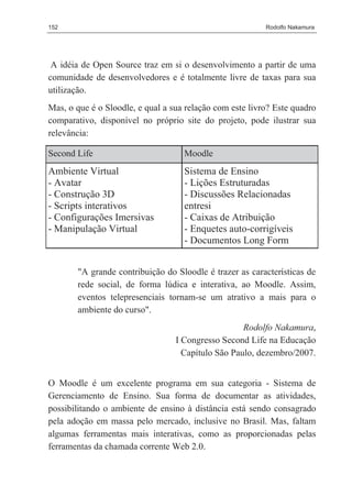 152                                                       Rodolfo Nakamura




 A idéia de Open Source traz em si o desenvolvimento a partir de uma
comunidade de desenvolvedores e é totalmente livre de taxas para sua
utilização.
Mas, o que é o Sloodle, e qual a sua relação com este livro? Este quadro
comparativo, disponível no próprio site do projeto, pode ilustrar sua
relevância:

Second Life                         Moodle
Ambiente Virtual                    Sistema de Ensino
- Avatar                            - Lições Estruturadas
- Construção 3D                     - Discussões Relacionadas
- Scripts interativos               entresi
- Configurações Imersivas           - Caixas de Atribuição
- Manipulação Virtual               - Enquetes auto-corrigíveis
                                    - Documentos Long Form


       "A grande contribuição do Sloodle é trazer as características de
       rede social, de forma lúdica e interativa, ao Moodle. Assim,
       eventos telepresenciais tornam-se um atrativo a mais para o
       ambiente do curso".
                                                    Rodolfo Nakamura,
                                  I Congresso Second Life na Educação
                                    Capítulo São Paulo, dezembro/2007.


O Moodle é um excelente programa em sua categoria - Sistema de
Gerenciamento de Ensino. Sua forma de documentar as atividades,
possibilitando o ambiente de ensino à distância está sendo consagrado
pela adoção em massa pelo mercado, inclusive no Brasil. Mas, faltam
algumas ferramentas mais interativas, como as proporcionadas pelas
ferramentas da chamada corrente Web 2.0.
 