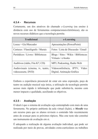 64                                                        Rodolfo Nakamura




4.3.4 -   Recursos
Certamente, um dos atrativos do chamado e-Learning (ou ensino á
distância com uso de ferramentas computacionais/eletrônicas), são os
novos recursos didáticos que a tecnologia permite.

           Tradicional                          e-Learning
Lousa + Giz/Marcador                Apresentações (PowerPoint)
Cartazes / Flanelógrafo / Murais    Fotos / Lista de Discussão / Email
Periódicos / Livros / Bibliotecas   Blogs / Sites / Wikis / Bibliotecas
                                    Virtuais / e-books
Auditivos (rádio, Fita K7, CD)      MP3, Podcasting, Radio Web
Audiovisuais (cinema, tv, teatro, Vídeoconferência, IPTV, Vídeo
vídeocassete, DVD)                Digital, Animação Gráfica


Embora a experiência presencial de estar em uma exposição, peça de
teatro ou audição musical seja única, a utilização da tecnologia permite
acesso mais rápido à informação que pode substituí-la, mesmo com
menor impacto e qualidade, auxiliando os objetivos.


4.3.5 -   Avaliação
O ideal é que o sistema de avaliação seja contemplado com mais de uma
ferramenta. No próprio ambiente da aula virtual (lição), o Moodle traz
um recurso para que os alunos revisem o conteúdo lido recentemente
antes de avançar para os próximos tópicos. Mas este teste não constitui
um instrumento de avaliação em si.
É adequado a realização de alguma avaliação individual, que pode ser
realizada por meio de provas, atividades extra-curriculares ou trabalhos
 