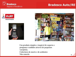 Bradesco Auto/RE Um produto simples e tangível de seguros e poupança vendidos através de pequenos varejistas. Cobertura de morte e de acidentes Não cancela 