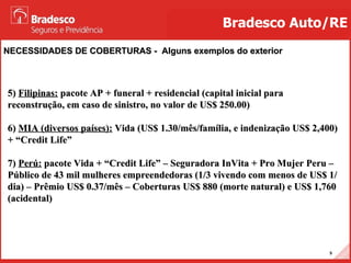 NECESSIDADES DE COBERTURAS -  Alguns exemplos do exterior Bradesco Auto/RE 5)  Filipinas:  pacote AP + funeral + residencial (capital inicial para reconstrução, em caso de sinistro, no valor de US$ 250.00) 6)  MIA (diversos países):  Vida (US$ 1.30/mês/família, e indenização US$ 2,400) + “Credit Life” 7)  Perú:  pacote Vida + “Credit Life” – Seguradora InVita + Pro Mujer Peru – Público de 43 mil mulheres empreendedoras (1/3 vivendo com menos de US$ 1/dia) – Prêmio US$ 0.37/mês – Coberturas US$ 880 (morte natural) e US$ 1,760 (acidental) 