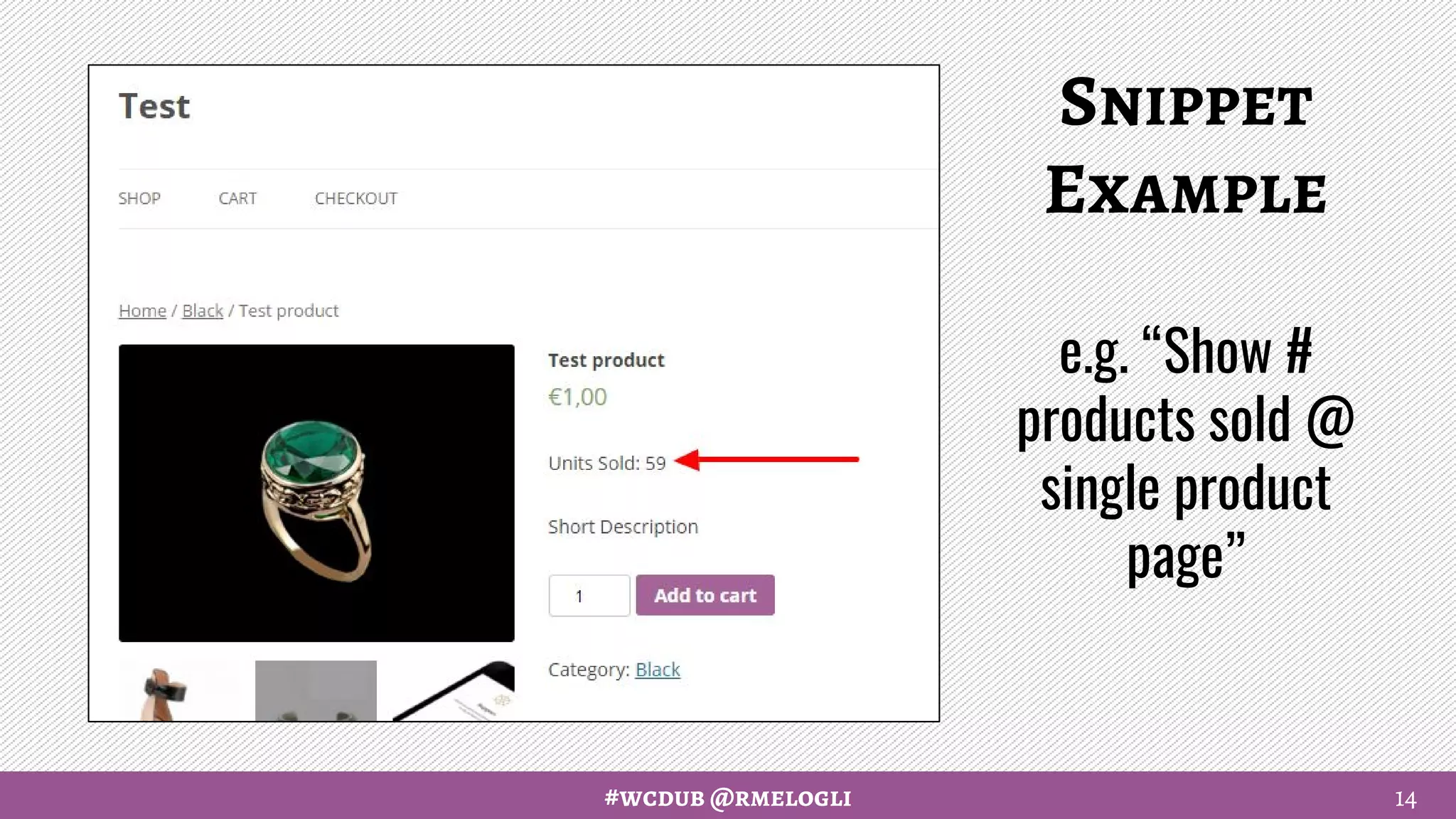 #wcdub @rmelogli
Snippet
Example
e.g. “Show #
products sold @
single product
page”
14
 