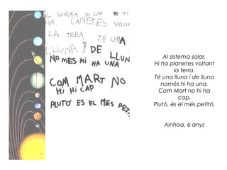 Al sistema solar,
Hi ha planetes voltant
la terra.
Té una lluna i de lluna
només hi ha una.
Com Mart no hi ha
cap.
Plutó, és el més petitó.
Ainhoa, 6 anys
 
