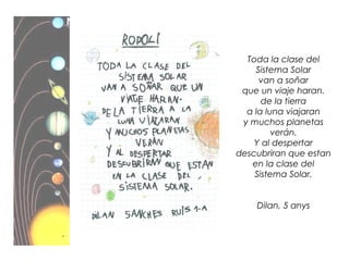 Toda la clase del
Sistema Solar
van a soñar
que un viaje haran.
de la tierra
a la luna viajaran
y muchos planetas
verán.
Y al despertar
descubriran que estan
en la clase del
Sistema Solar.
Dilan, 5 anys
 