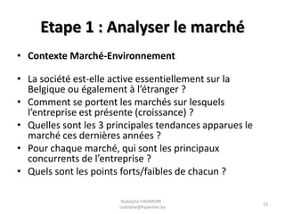 Etape 1 : Analyser le marché
• Contexte Marché-Environnement
• La société est-elle active essentiellement sur la
Belgique ou également à l’étranger ?
• Comment se portent les marchés sur lesquels
l’entreprise est présente (croissance) ?
• Quelles sont les 3 principales tendances apparues le
marché ces dernières années ?
• Pour chaque marché, qui sont les principaux
concurrents de l’entreprise ?
• Quels sont les points forts/faibles de chacun ?
Rodolphe FINAMORE rodolphe@hyperlien.be

15

 