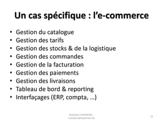 Un cas spécifique : l’e-commerce
•
•
•
•
•
•
•
•
•

Gestion du catalogue
Gestion des tarifs
Gestion des stocks & de la logistique
Gestion des commandes
Gestion de la facturation
Gestion des paiements
Gestion des livraisons
Tableau de bord & reporting
Interfaçages (ERP, compta, …)
Rodolphe FINAMORE rodolphe@hyperlien.be

31

 