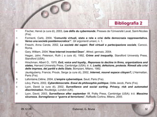 Fischer, Hervé (a cura di), 2003,  Les défis du cybermonde , Presses de l’Université Laval, Saint-Nicolas (Fra). Formenti, Carlo, 2004, “ Comunità virtuali, stato a rete e crisi della democrazia rappresentativa. Verso una società postdemocratica ?”,  Gli argomenti umani , n. 1. Freschi, Anna Carola, 2002,  La società dei saperi. Reti virtuali e partecipazione sociale , Carocci, Roma. Gary, William, 2004,” How Internet invented Dean ”,  Wired , gennaio, 2004. Hagan, John; Peterson, Ruth ( a cura di), 1992,  Crime and inequality , Standford University Press, Standford (USA). Hirschman, Albert O., 1970,  Exit, voice and loyalty,. Reponses to decline in firms, organizations and states,  Harvard University Press, Cambridge (USA); tr. it.  Lealtà, defezione, protesta. Rimedi alla crisi delle imprese, dei partiti e dello Stato , Bompiani, Milano, 1982. Jaurèguberry, Francis; Proulx, Serge (a cura di), 2002,  Internet, nouvel espace citoyen?,   L’Harmattan, Paris (Fra). Lafontaine,Céline, 2004,  L’empire cybernetique , Seuil, Paris (Fra). Lévy, Pierre, 2002,  Cyberdémocratie. Essai de philosophie politique , Odile Jacob, Paris (Fra). Lyon, David (a cura di), 2002,  Surveillance and social sorting. Privacy, risk and automated discrimination , Routledge, London (UK). Lyon, David, 2003,  Surveillance after september 11 , Polity Press, Cambridge (USA); tr.it.  Massima sicurezza. Sorveglianza e “guerra al terrorismo ”, Raffaello Cortina, Milano, 2005. Bibliografia 2 