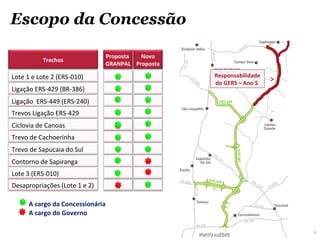 Escopo da Concessão

                               Proposta  Nova
          Trechos
                               GRANPAL Proposta

Lote 1 e Lote 2 (ERS-010)                         Responsabilidade
                                                  do GERS – Ano 5
Ligação ERS-429 (BR-386)
Ligação ERS-449 (ERS-240)
Trevos Ligação ERS-429
Ciclovia de Canoas
Trevo de Cachoerinha
Trevo de Sapucaia do Sul
Contorno de Sapiranga
Lote 3 (ERS-010)
Desapropriações (Lote 1 e 2)

     A cargo da Concessionária
     A cargo do Governo

                                                                     4
 
