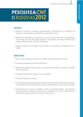 PESQUISA CNT DE RODOVIAS 2012   1




                                                   PRINCIPAIS DADOS
OBJETIVOS




DADOS GERAIS
 