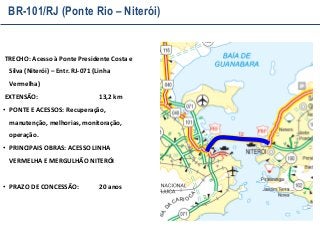 BR-101/RJ (Ponte Rio – Niterói)

TRECHO: Acesso à Ponte Presidente Costa e
Silva (Niterói) – Entr. RJ-071 (Linha
Vermelha)
EXTENSÃO:

13,2 km

• PONTE E ACESSOS: Recuperação,
manutenção, melhorias, monitoração,

operação.
• PRINCIPAIS OBRAS: ACESSO LINHA
VERMELHA E MERGULHÃO NITERÓI
• PRAZO DE CONCESSÃO:

20 anos

 