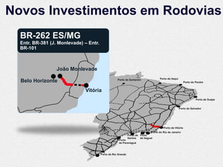 Novos Investimentos em Rodovias
  BR-262 ES/MG
  Entr. BR-381 (J. Monlevade) – Entr.
  BR-101



                  João Monlevade
                                                                                     Porto de Itaqui
  Belo Horizonte                                    Porto de Santarém
                                                                                                           Porto do Pecém


                              Vitória
                                                                                                                   Porto de Suape


                                                                                                       Porto de Salvador




                                                                                        Porto de Vitória
                                                                              Porto do Rio de Janeiro
                                                              Porto de Porto
                                                              Santos de Itaguaí
                                                     Porto
                                                     de Paranaguá



                                        Porto de Rio Grande
 