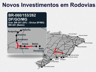 Novos Investimentos em Rodovias
  BR-060/153/262
  DF/GO/MG
  Entr. BR-251 (DF) – Divisa SP/MG;
  BR-381 (Betim)

                Brasília
 Anápolis
                                                                                 Porto de Itaqui
            Goiânia                             Porto de Santarém
                                                                                                       Porto do Pecém


            Itumbiara
                                                                                                               Porto de Suape
               Araxá       Betim
                                                                                                   Porto de Salvador
             Uberaba             Belo
                            Horizonte
                                                                                    Porto de Vitória
                                                                          Porto do Rio de Janeiro
                                                          Porto de Porto
                                                          Santos de Itaguaí
                                                 Porto
                                                 de Paranaguá



                                    Porto de Rio Grande
 