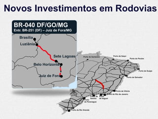 Novos Investimentos em Rodovias
  BR-040 DF/GO/MG
  Entr. BR-251 (DF) – Juiz de Fora/MG

     Brasília
     Luziânia


                          Sete Lagoas           Porto de Santarém                Porto de Itaqui
                                                                                                       Porto do Pecém


                Belo Horizonte
                                                                                                               Porto de Suape

                  Juiz de Fora                                                                     Porto de Salvador




                                                                                    Porto de Vitória
                                                                          Porto do Rio de Janeiro
                                                          Porto de Porto
                                                          Santos de Itaguaí
                                                 Porto
                                                 de Paranaguá



                                    Porto de Rio Grande
 