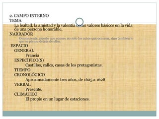 2. CAMPO INTERNO TEMA La lealtad, la amistad y la valentía como valores básicos en la vida de una persona honorable. NARRADOR Omnisciente, puesto que conoce no solo los actos que ocurren, sino también lo que se piensa detrás de ellos.  ESPACIO GENERAL Francia ESPECÍFICO(S) Castillos, calles, casas de los protagonistas. TIEMPO CRONOLÓGICO Aproximadamente tres años, de 1625 a 1628 VERBAL Presente. CLIMÁTICO El propio en un lugar de estaciones. 