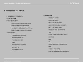 NUEVOS MATERIALES Y SISTEMAS PARA LA EJECUCIÓN EL TITANIO
JOSÉ ANTONIO RODRÍGUEZ LOSADA 29
5. PRODUCCIÓN DEL TITANIO
1º GEOLOGÍA Y YACIMIENTOS
2º EXPLOTACIÓN
3º CONCENTRACIÓN
CONCENTRACIÓN GRAVIMÉTRICA
CONCENTRACIÓN MAGNÉTICA
CONCENTRACIÓN ELECTROSTÁTICA
CONCENTRACIÓN POR FLOTACIÓN
4º REDUCCIÓN
PROCESO DEL SULFATO
PROCESO BENELITA
PROCESO BECHER
EMRS
PROCESO DEL CLORURO
NEW GEN SR
OTROS PROCESOS
5º REFINACIÓN
PROCESO HUNTER
PROCESO KROLL
PROCESO DEL YODURO
ELECTROREFINACIÓN DIRECTA
PROCESO ARMSTRONG
PROCESO FFC – CAMBRIDGE
TIRO
IDAHO TITANIUM TECHNOLOGIES
EMR/MSE
MER
OS
IDAHO RESEARCH FOUNDATION
PRP
QUEBEC (RÍO TINTO)
OTROS PROCESO EN DESARROLLO
 