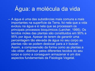 Água: a molécula da vida A água é uma das substâncias mais comuns e mais importantes na superfície da Terra, foi nela que a vida evoluiu na água e é nela que se processam os principais processos bioquímicos (Larcher, 1995). Os tecidos moles das plantas são constituidos em 90% a 95% por água. Apesar de terem de garantir uma percentagem tão elevada de água no seu corpo as plantas não se podem deslocar para a ir buscar. Assim, a compreensão da forma como as plantas a vão obter, distribuir pelos diferentes tecidos do seu corpo e como a conseguem armazenar é um dos aspectos fundamentais da Fisiologia Vegetal. 