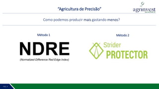 NDRE
Como podemos produzir mais gastando menos?
PÁG. 2 5PÁG. 4
Método 1 Método 2
(Normalized Difference Red Edge Index)
“Agricultura de Precisão”
 