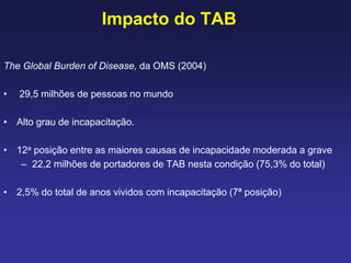Impacto do TAB
The Global Burden of Disease, da OMS (2004)
• 29,5 milhões de pessoas no mundo
• Alto grau de incapacitação.
• 12a posição entre as maiores causas de incapacidade moderada a grave
– 22,2 milhões de portadores de TAB nesta condição (75,3% do total)
• 2,5% do total de anos vividos com incapacitação (7ª posição)
 