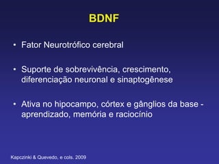 BDNF
• Fator Neurotrófico cerebral
• Suporte de sobrevivência, crescimento,
diferenciação neuronal e sinaptogênese
• Ativa no hipocampo, córtex e gânglios da base -
aprendizado, memória e raciocínio
Kapczinki & Quevedo, e cols. 2009
 