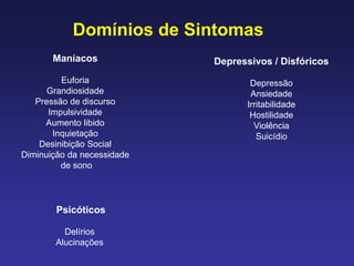 Domínios de Sintomas
Maníacos
Euforia
Grandiosidade
Pressão de discurso
Impulsividade
Aumento libido
Inquietação
Desinibição Social
Diminuição da necessidade
de sono
Psicóticos
Delírios
Alucinações
Depressivos / Disfóricos
Depressão
Ansiedade
Irritabilidade
Hostilidade
Violência
Suicídio
 